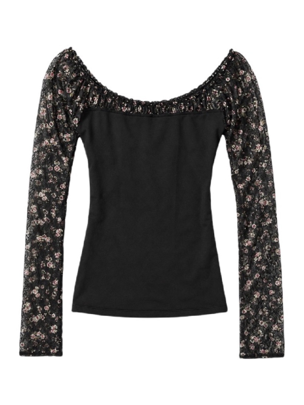 Free People Black Off-Shoulder Top with Floral Long Sleeves